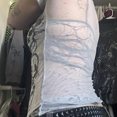 Women's gothic t shirt, sheer white fabric, stylish for casual outings