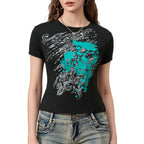Women's gothic t shirt in black with turquoise skull graphic design