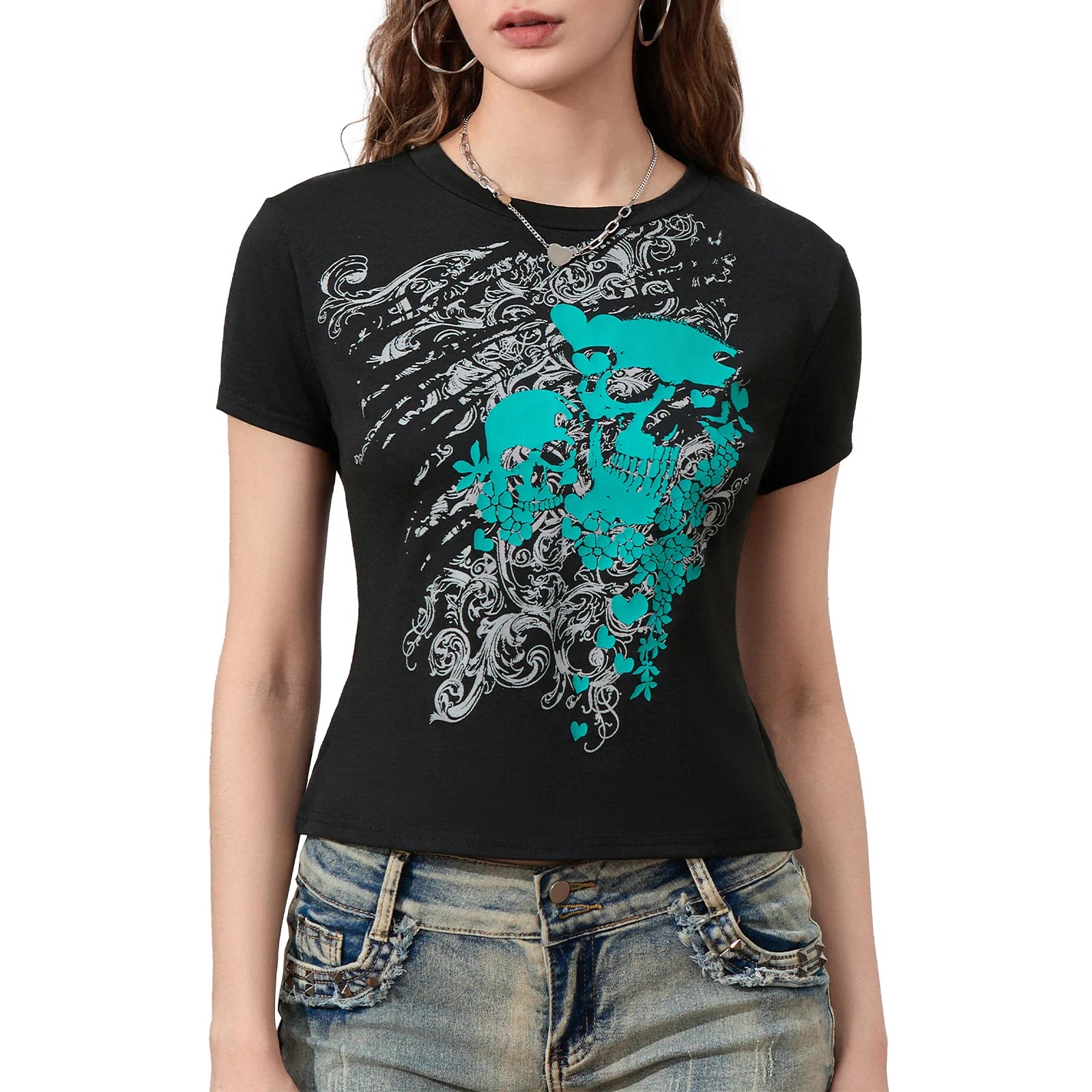 Women's gothic t shirt in black with turquoise skull graphic design