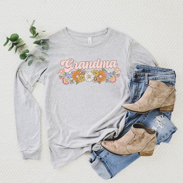 Women's Shirts Grandma Flowers Long Sleeve Graphic Tee Shirt