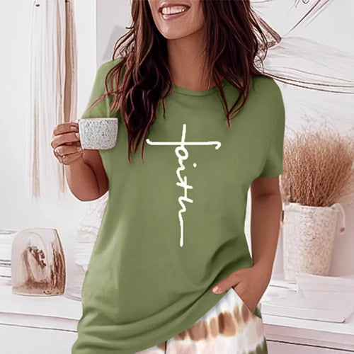 Women's olive graphic tee with 'faith' print, perfect for loungewear