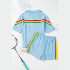 YNIQUE green colorblock lounge set with blue fabric and rainbow stripes on shirt and shorts