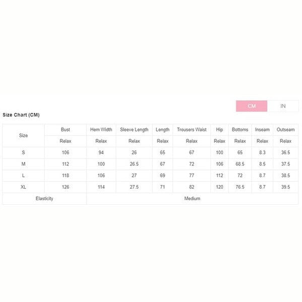Size chart for YNIQUE green colorblock lounge set showing bust, hem width, sleeve length, and pants measurements