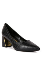 Women's black crocodile heels with gold accent for formal wear