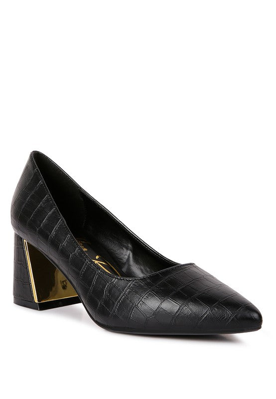 Women's black crocodile heels with gold accent for formal wear