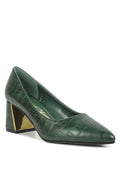 Women's green dress pumps for travel with faux crocodile texture