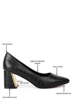 Women's green dress pumps for travel with faux leather and flared block heel