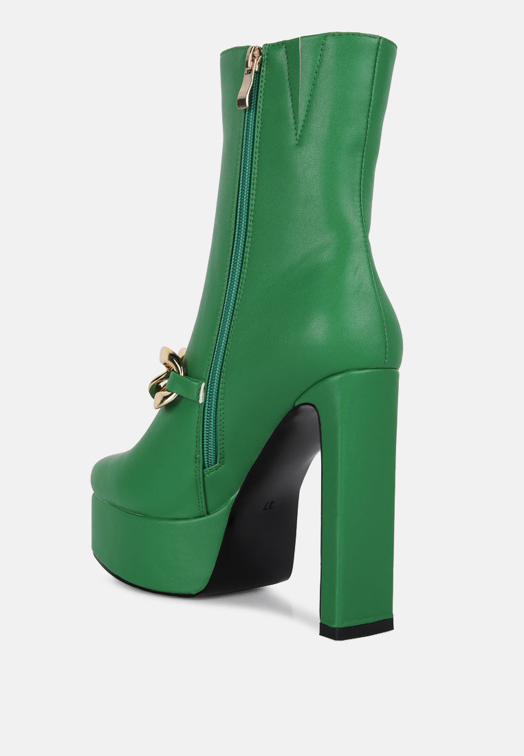 Green platform ankle boots by London Rag International with stylish zip closure and chunky heel