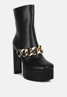 Stylish black ankle boots with gold chain detail and high platform for trendy women's footwear