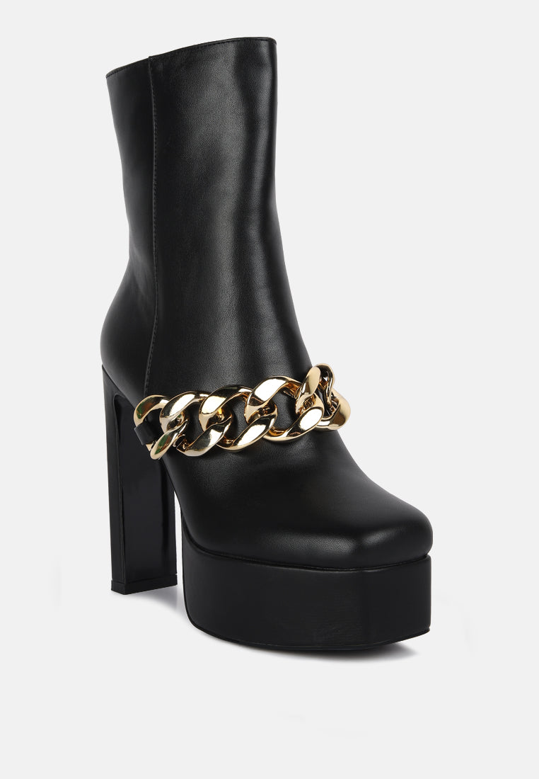 Stylish black ankle boots with gold chain detail and high platform for trendy women's footwear