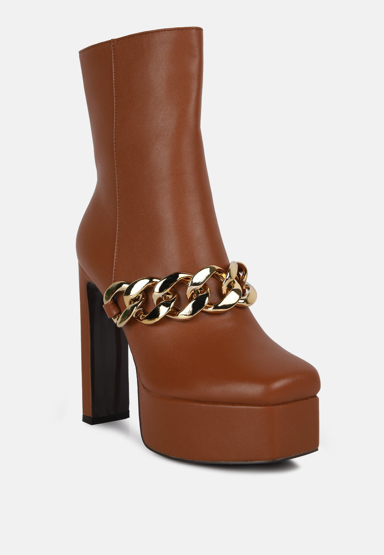 London Rag International brown platform ankle boots with gold chain detail for stylish elevation