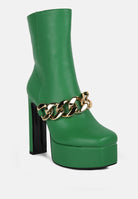 Stylish green platform ankle boots with a gold chain detail for a chic look