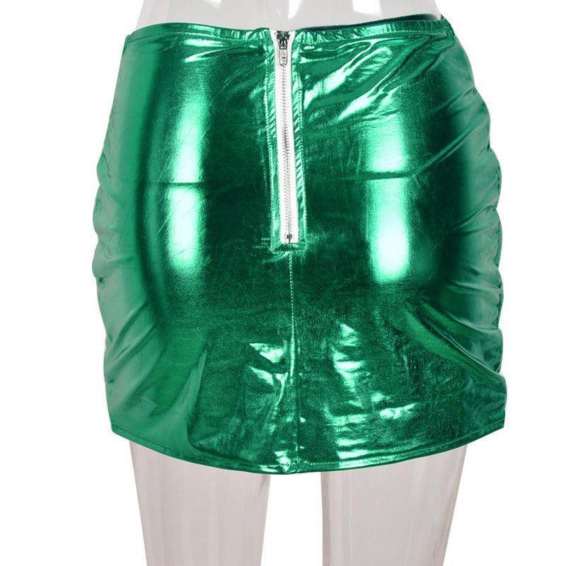 Red Iphigenia green puffer skirt with shiny finish and front zipper for a stylish look