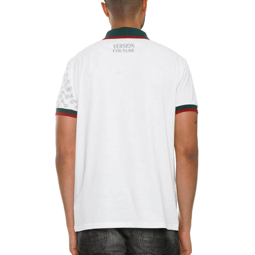 Back view of WEIV men's green red white collared polo featuring stylish detailing and contrast trim