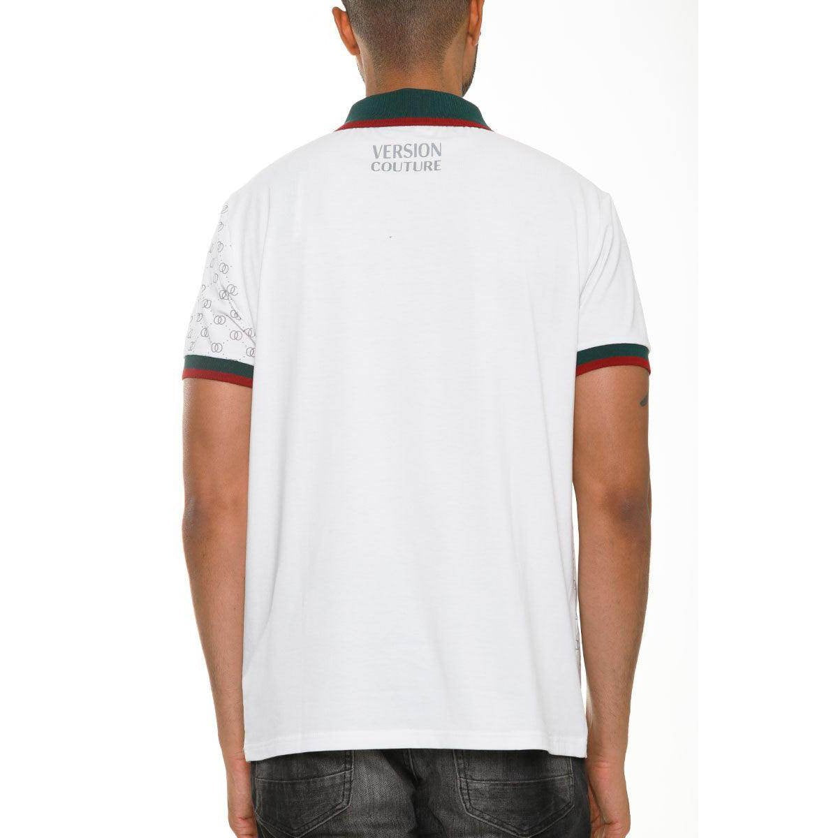 Back view of WEIV men's green red white collared polo featuring stylish detailing and contrast trim