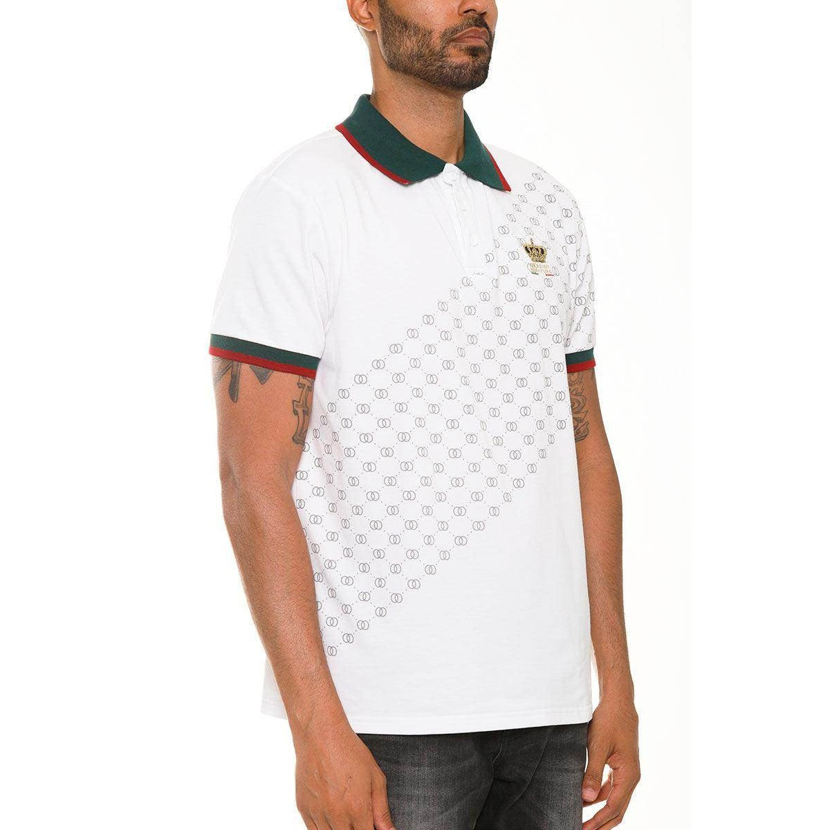 WEIV Men's Collared Polo in White with Green Red White Collared Polo Design and Pattern
