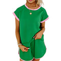 EG fashion green two tone tee and shorts set with pink trim on sleeves, neckline, and shorts hem