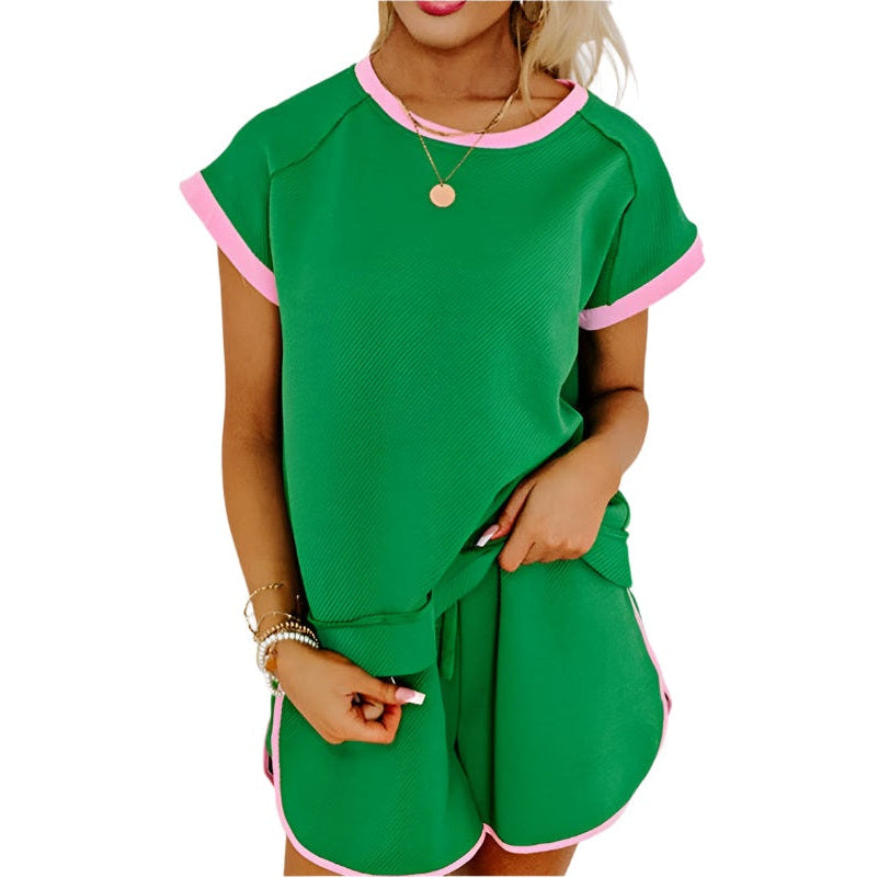 EG fashion green two tone tee and shorts set with pink trim on sleeves, neckline, and shorts hem