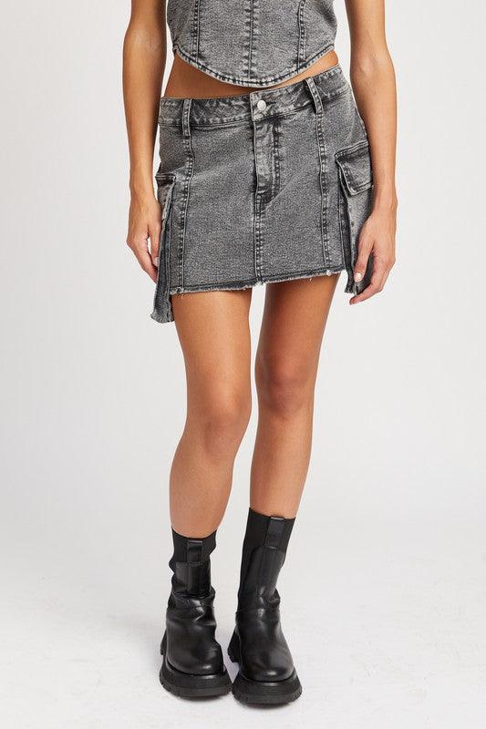 Women's Skirts Grey Denim Low Rise Mini Jean Skirt With Pockets