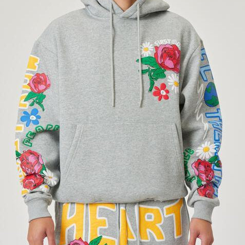 Men's Sweatshirts & Hoodies Grey Flower Puff Print Hoodie