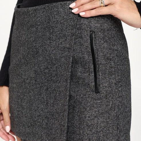 Women's Shorts Grey Mini Wrap Skirt Short Leather Contrast