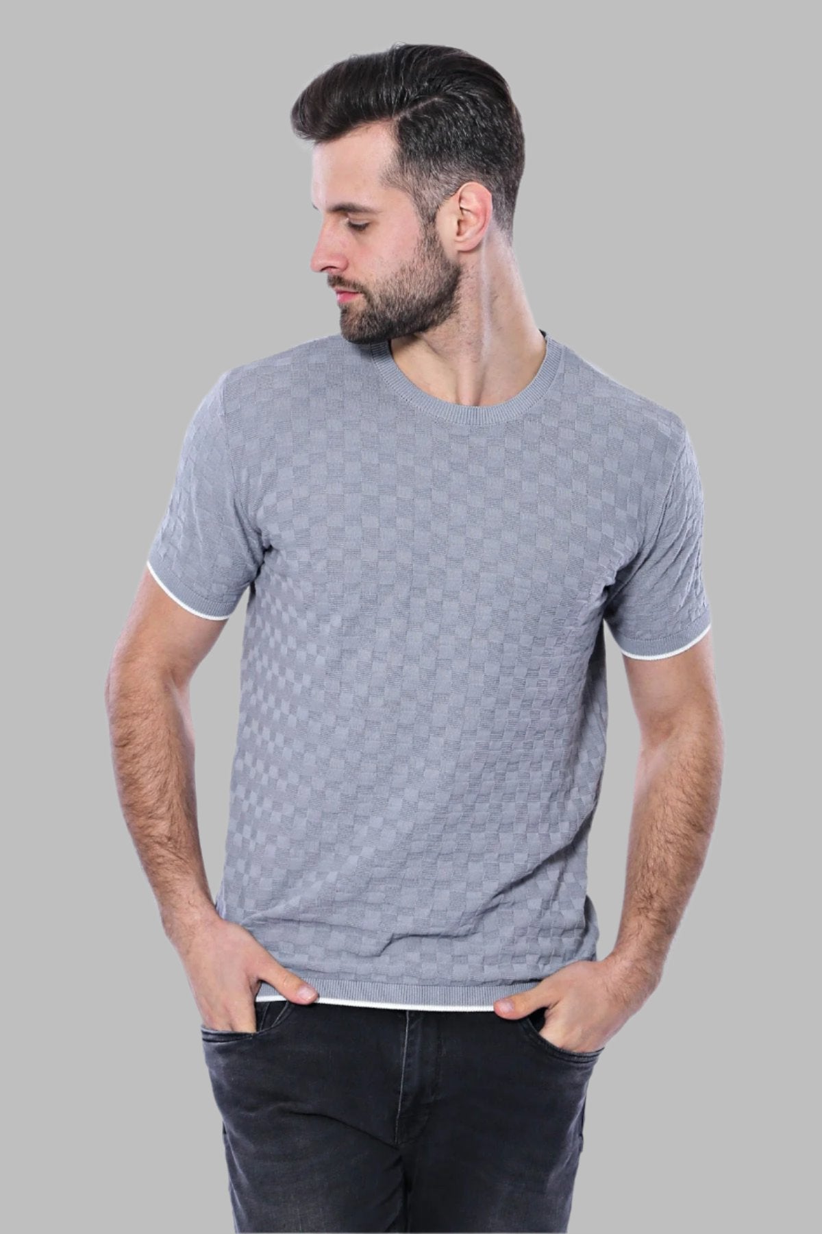 Grey Patterned Tricot Knitted T-Shirt by Wessi – front view