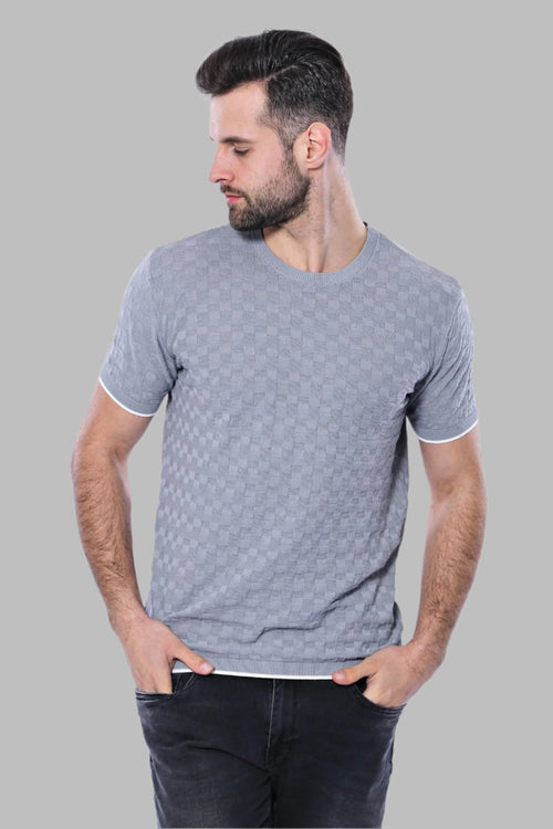 Grey Patterned Tricot Knitted T-Shirt – front view