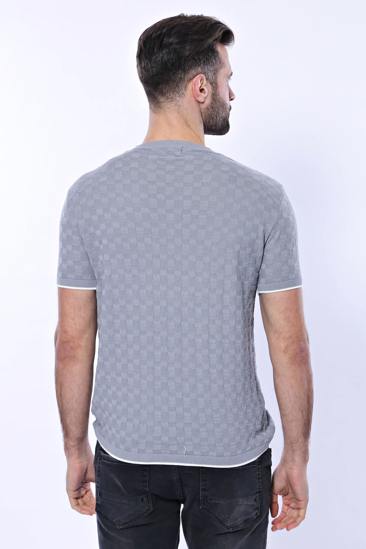 Grey Patterned Tricot Knitted T-Shirt by Wessi – styled view