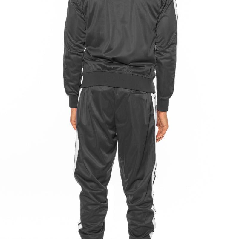 Men's 2PC Track Sets Grey Striped Tape Front Pleat Track Suit