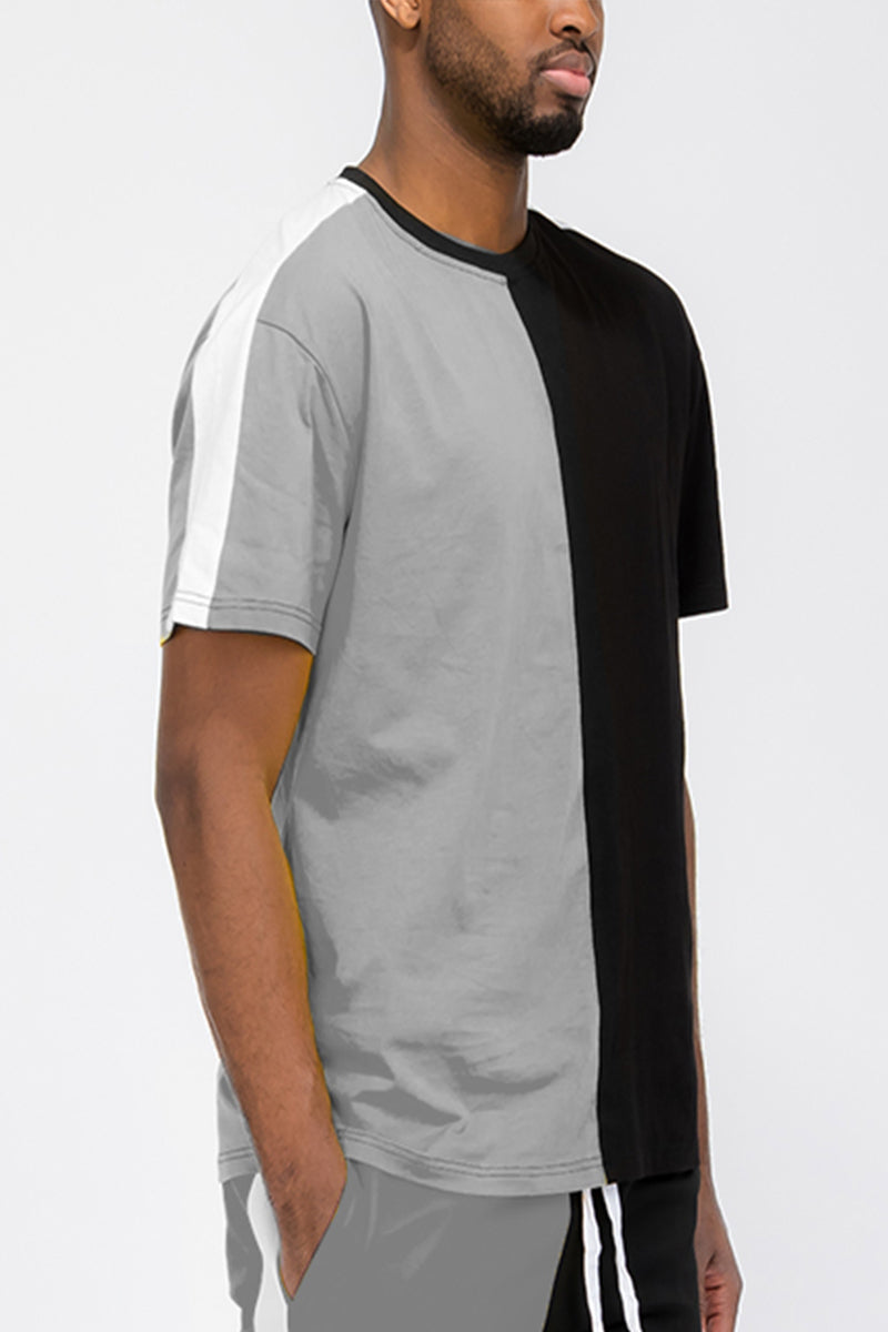 Two-Tone Split Side Stripe Cotton T-Shirt