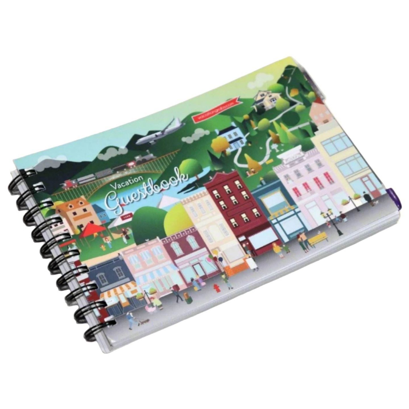 Colorful Vacation Guest Book for Vacation Homes featuring scenic illustrations and a spiral binding