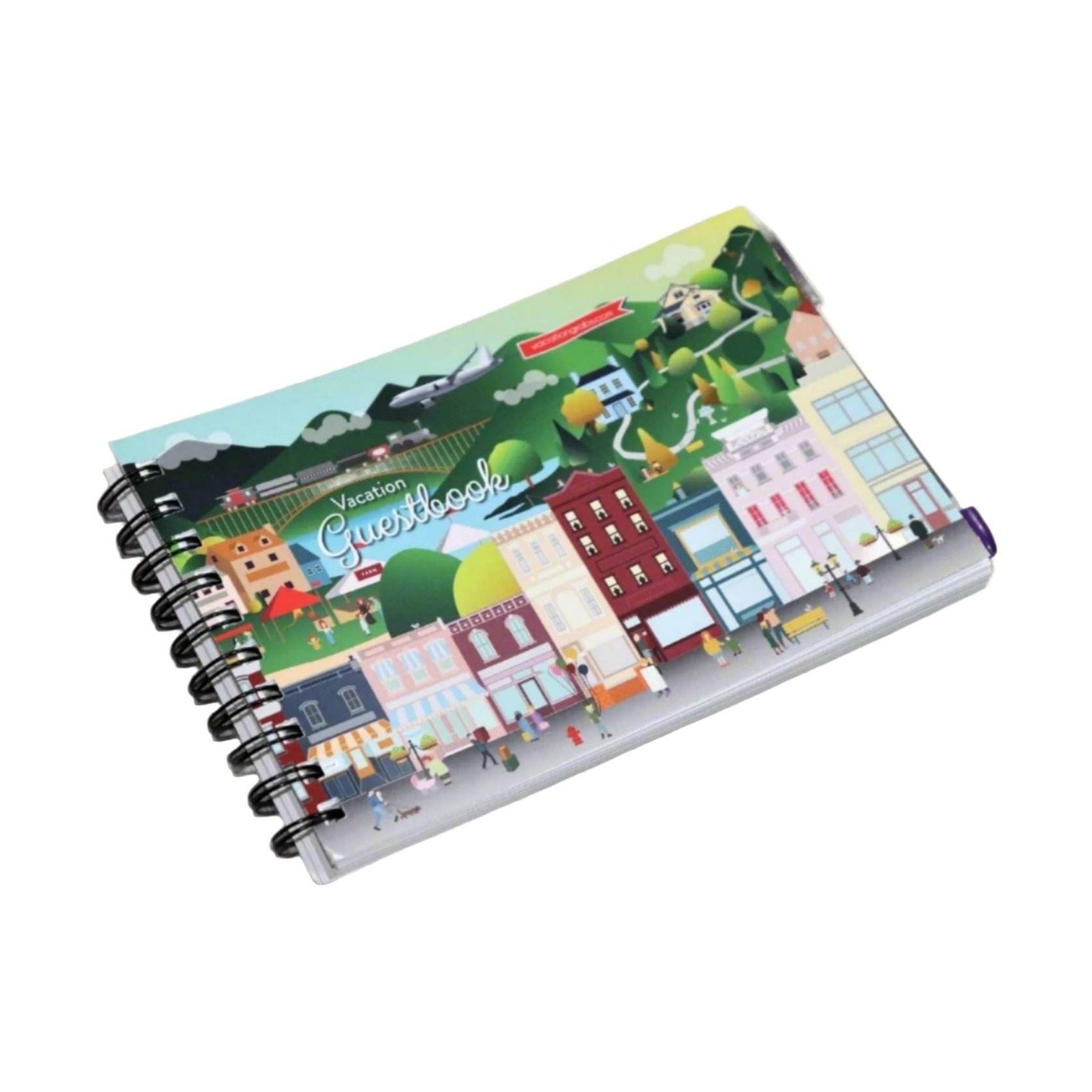 Colorful Vacation Guest Book for Vacation Homes featuring scenic illustrations and a spiral binding