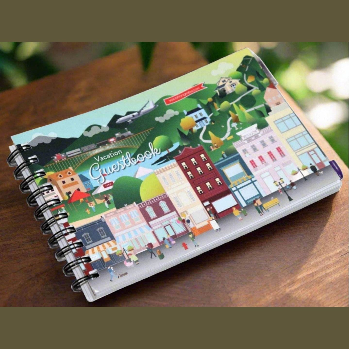 Colorful vacation guest book for vacation homes featuring charming illustrations and a spiral binding