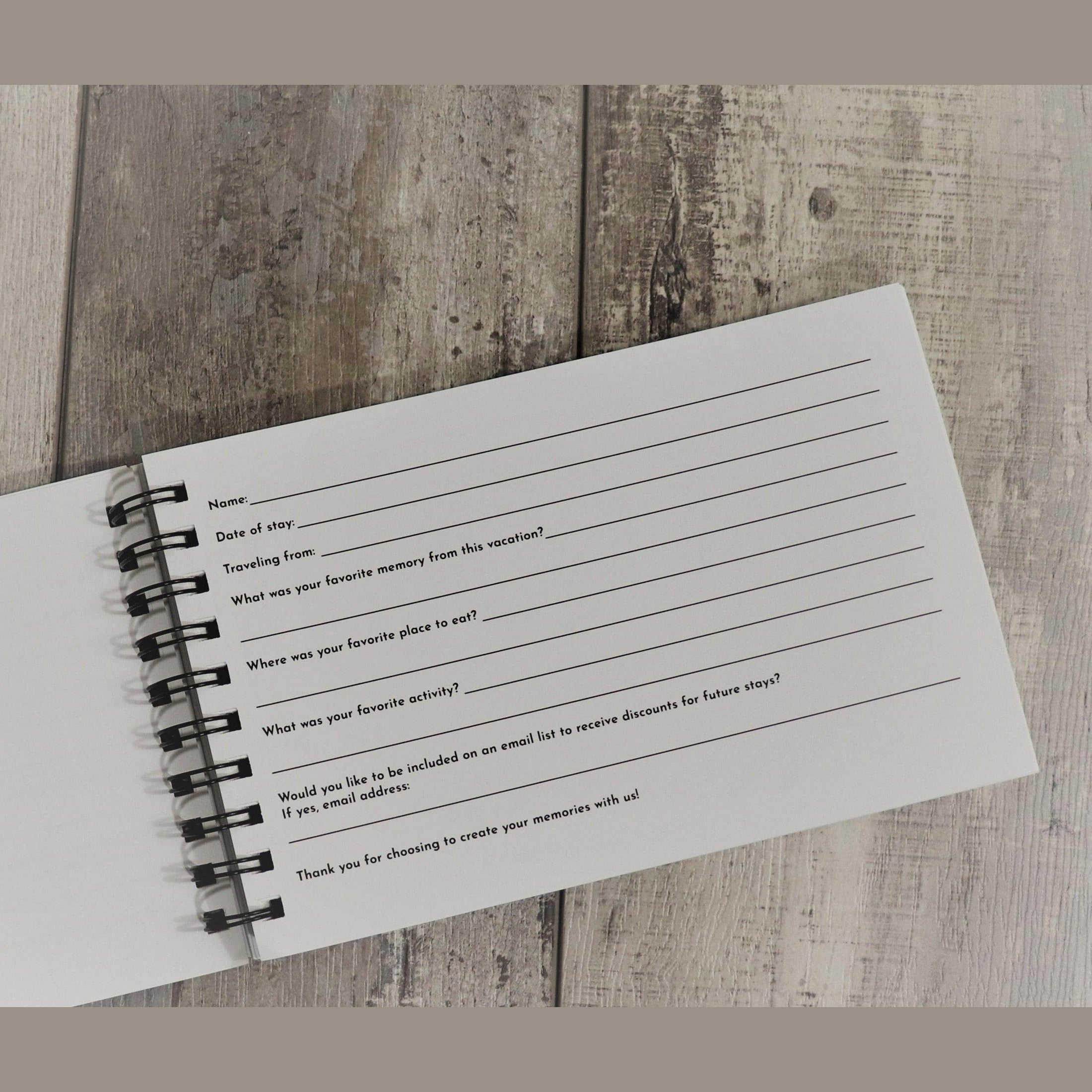 Guest book for vacation homes featuring prompts for memories and favorite places