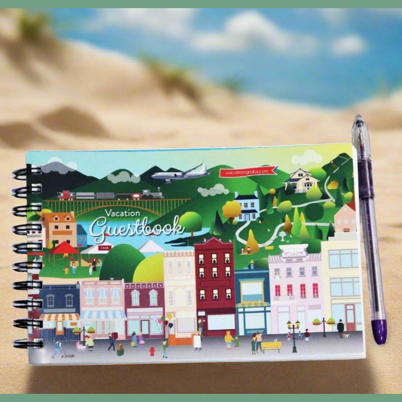 Colorful vacation guest book for vacation homes featuring illustrations of towns and landscapes