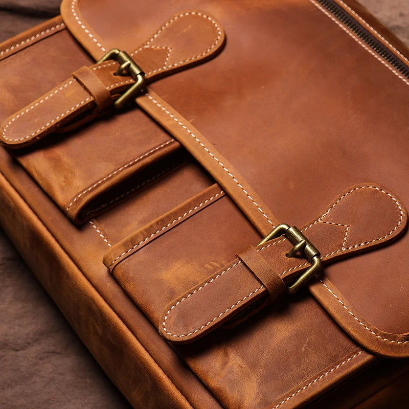 brown messenger leather bags with buckle closures for daily use