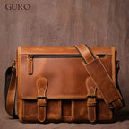 Brown leather messenger bag, durable for travel and everyday use
