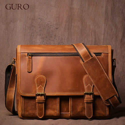 Brown leather messenger bag, durable for travel and everyday use