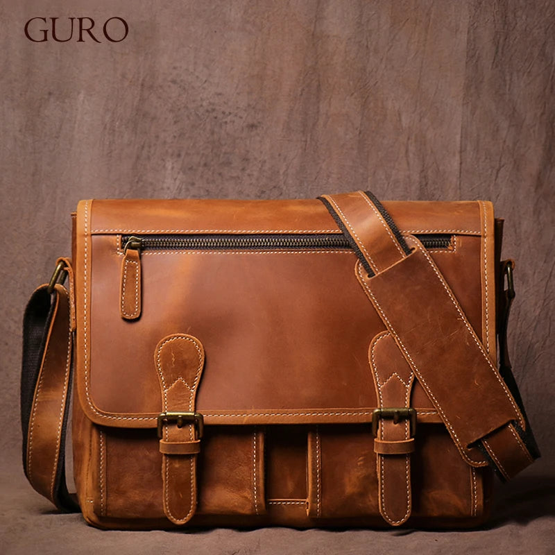 Brown leather messenger bag, durable for travel and everyday use