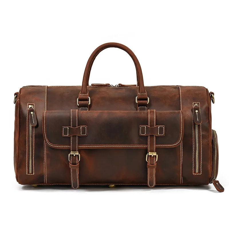 Men's brown leather gym bag, durable with multiple compartments