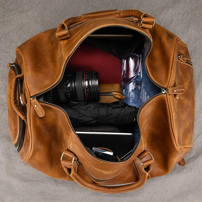 Brown leather gym bag men's with ample space for equipment and personal items