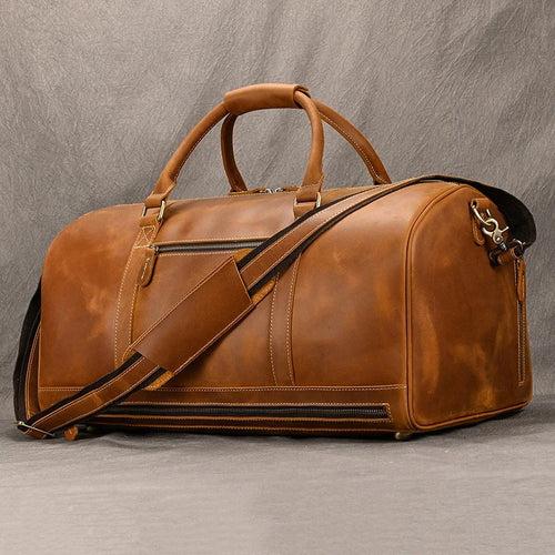 Brown leather gym bag men's for fitness and travel