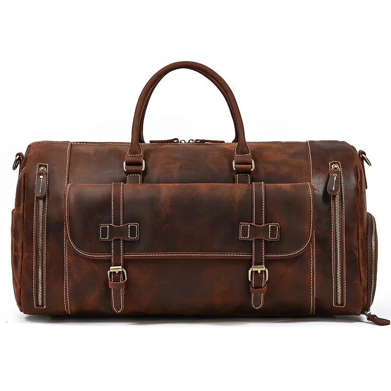 Men's leather gym bag, brown, durable for sports and travel