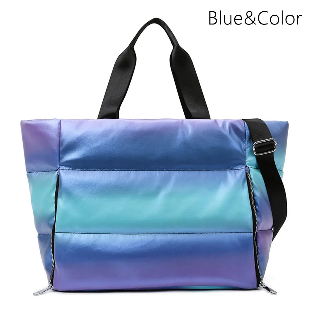 Iridescent blue gym bag for women, lightweight and stylish