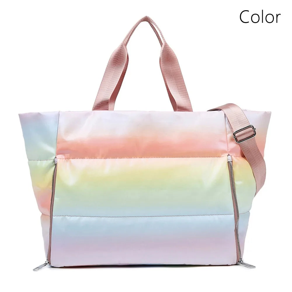 Pastel rainbow gym bag women, lightweight fabric, perfect for workouts