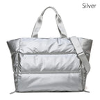 Silver gym bag women, puffer design, perfect for workouts