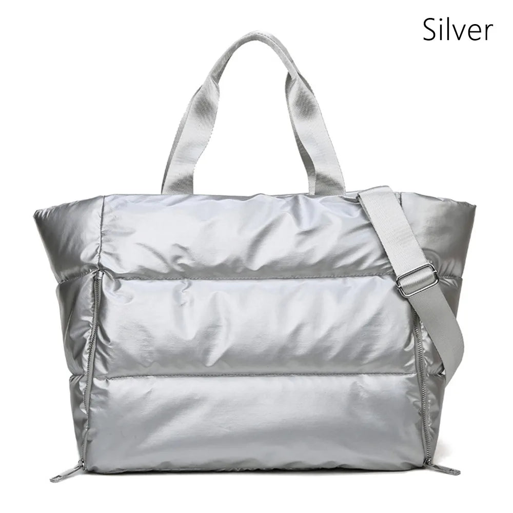 Silver gym bag women, puffer design, perfect for workouts