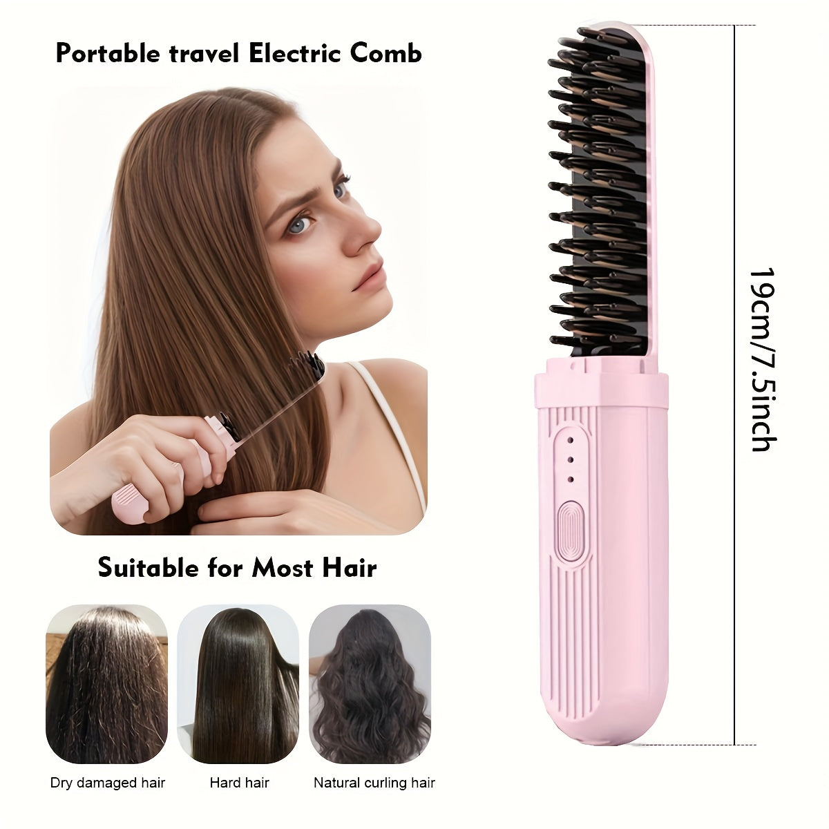 Pink portable hair straightener for travel, suitable for all hair types