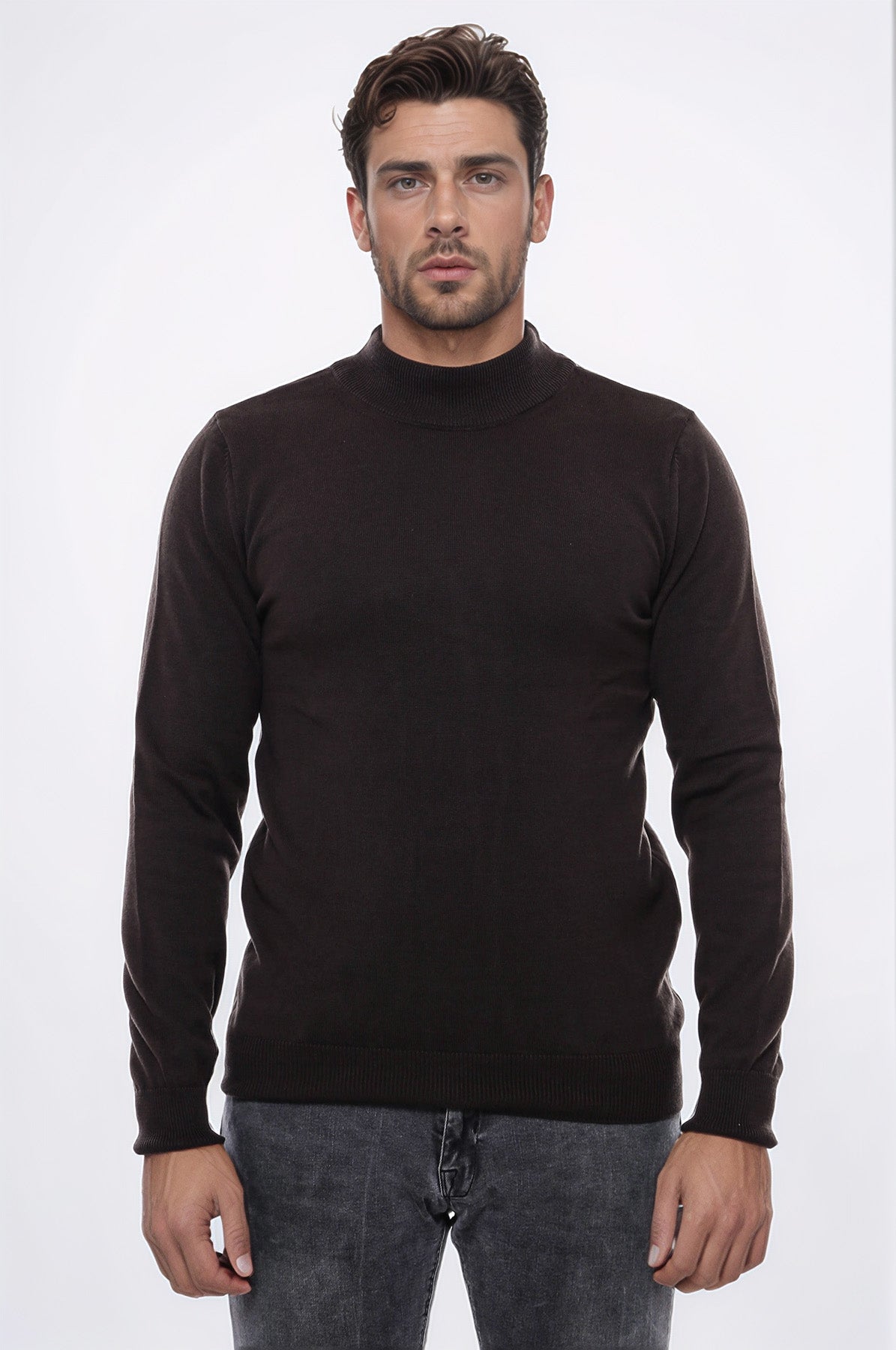 Half Turtleneck Brown Knitwear Sweater – styled view