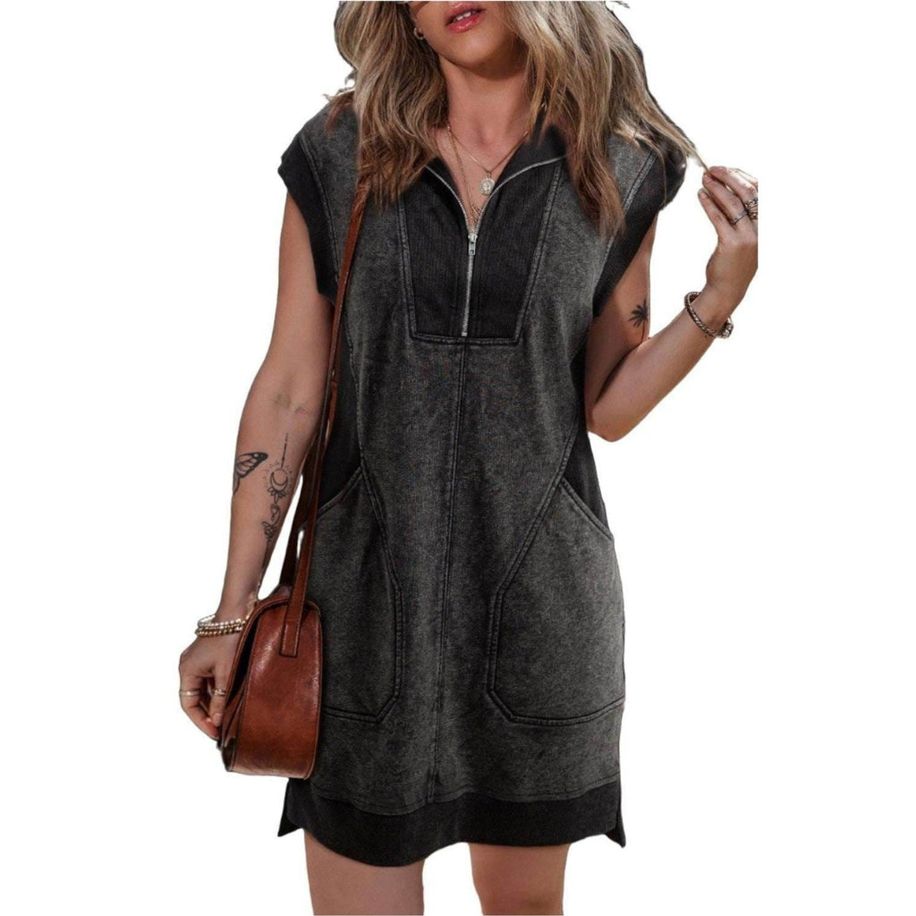 Half Zip Cap Sleeve Mini Dress - VacationGrabs